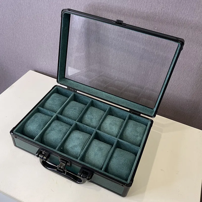 10 Slots Watch Organizer Dark Green High Materials With Top Glass Window